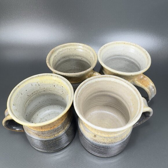 Hand Made Pottery Stoneware Coffee Mug Cup Set 4 Mugs Cups Primitive Signed VTG - Picture 12 of 16